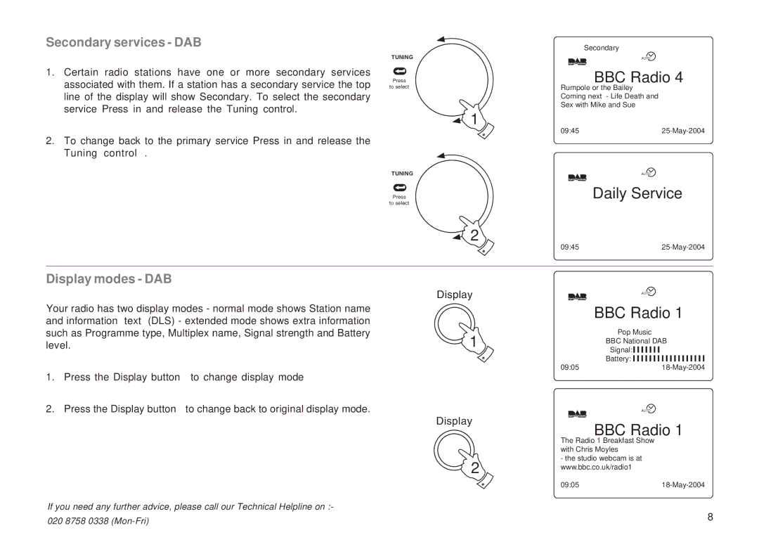 Roberts Radio RD-1 manual Secondary services DAB, Display modes DAB 