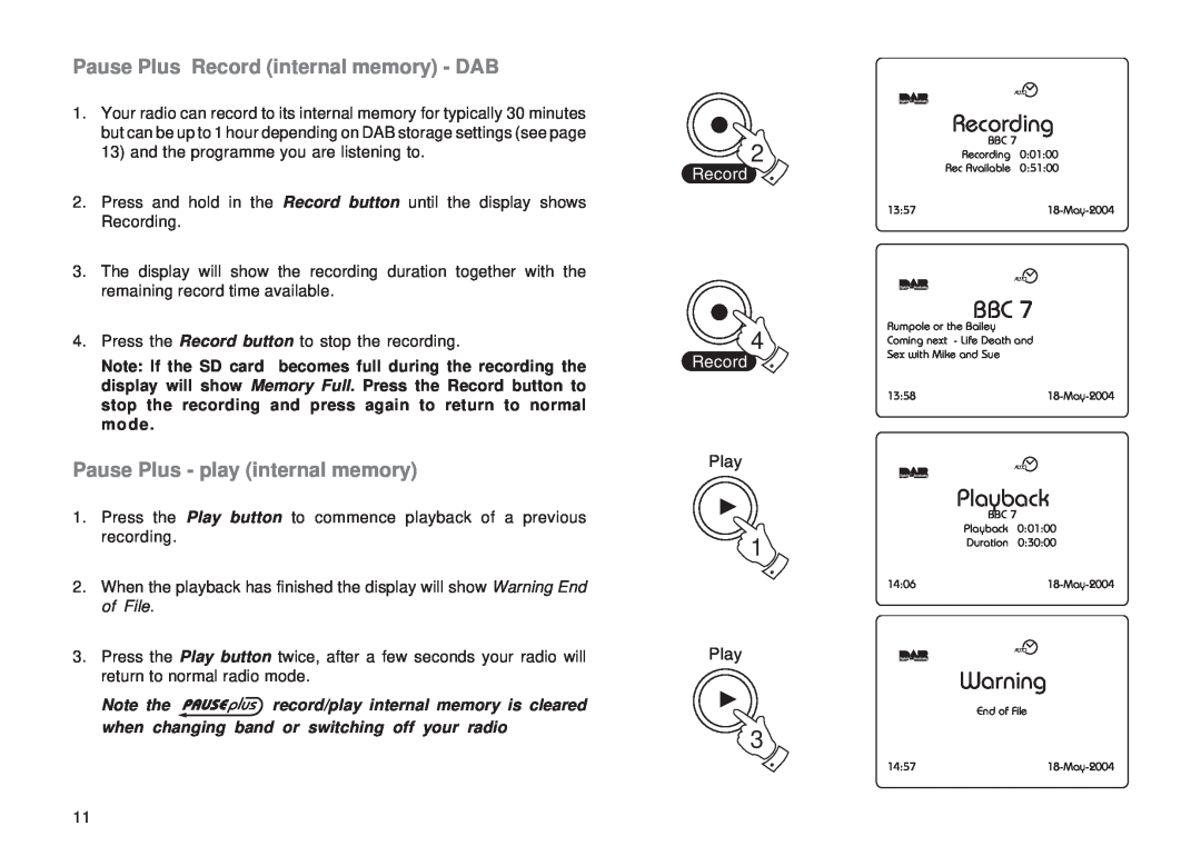 Roberts Radio RD-1 manual Recording, Playback, Pause Plus Record internal memory - DAB, Pause Plus - play internal memory 