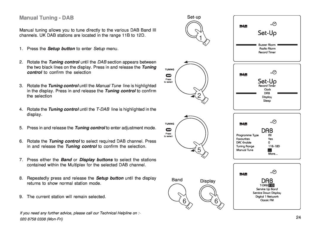 Roberts Radio RD-1 manual Manual Tuning - DAB, Set-Up, Set-up, Band Display 