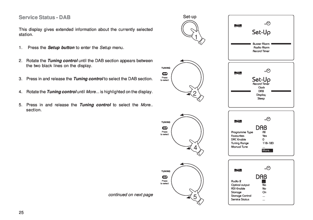 Roberts Radio RD-1 manual Service Status - DAB, Set-Up, Set-up, continued on next page 