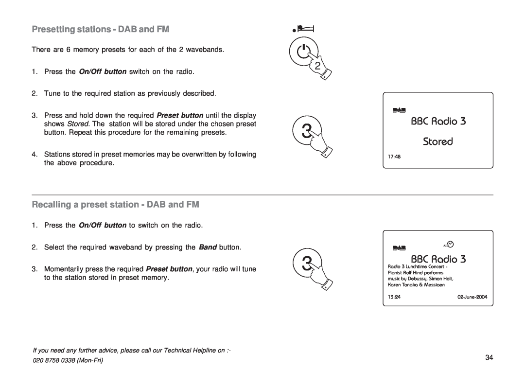 Roberts Radio RD-1 manual Stored, Presetting stations - DAB and FM, Recalling a preset station - DAB and FM, BBC Radio 