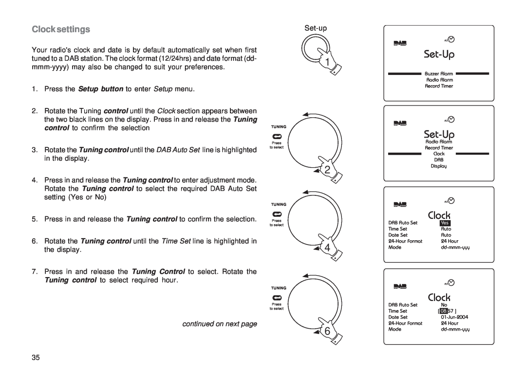 Roberts Radio RD-1 manual Clock settings, Set-Up, continued on next page, Set-up 