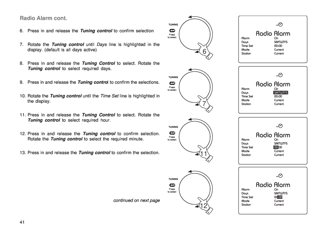 Roberts Radio RD-1 manual Radio Alarm cont, continued on next page 