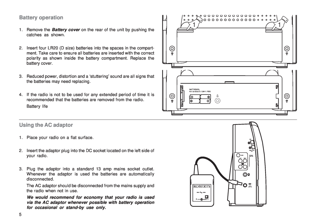 Roberts Radio RD-1 manual Battery operation, Using the AC adaptor 
