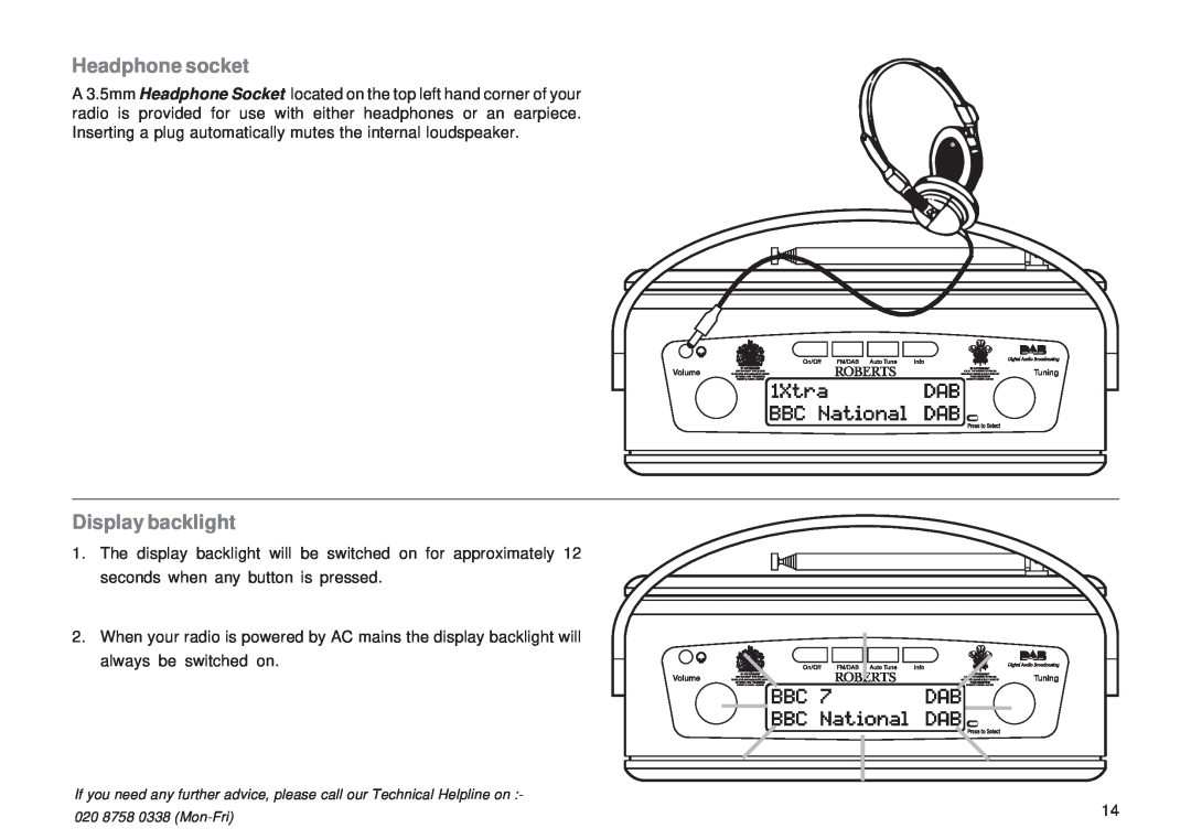 Roberts Radio RD-10 manual Headphone socket, Display backlight 