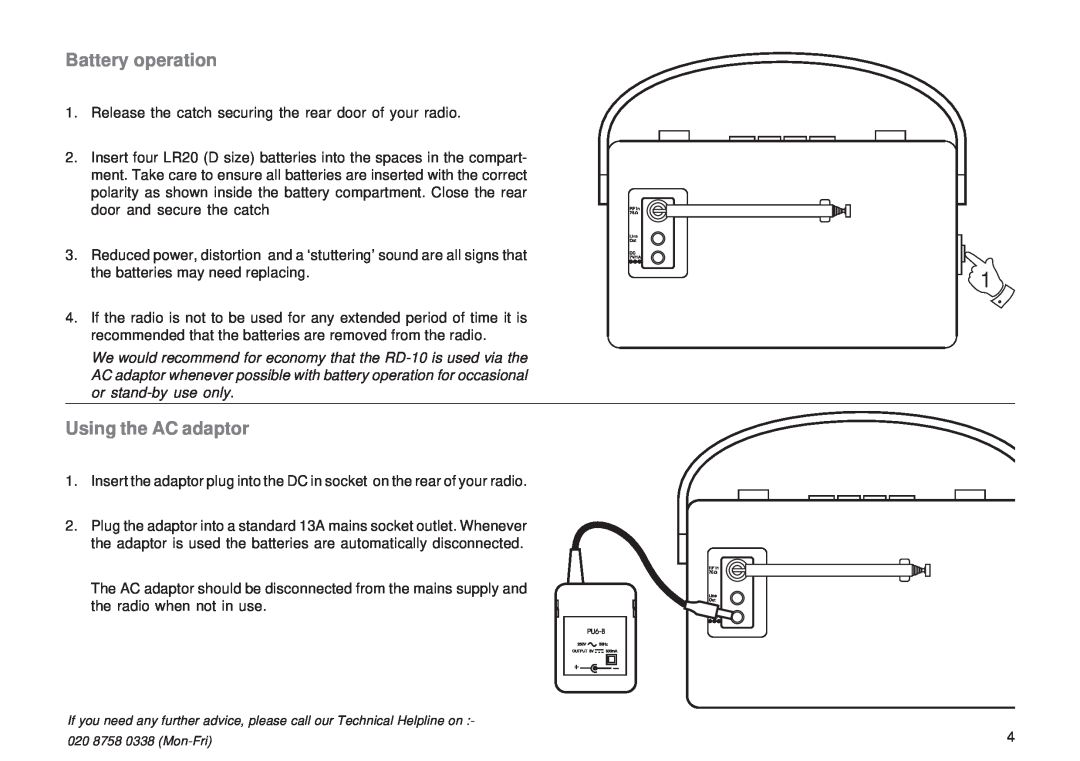 Roberts Radio RD-10 manual Battery operation, Using the AC adaptor 