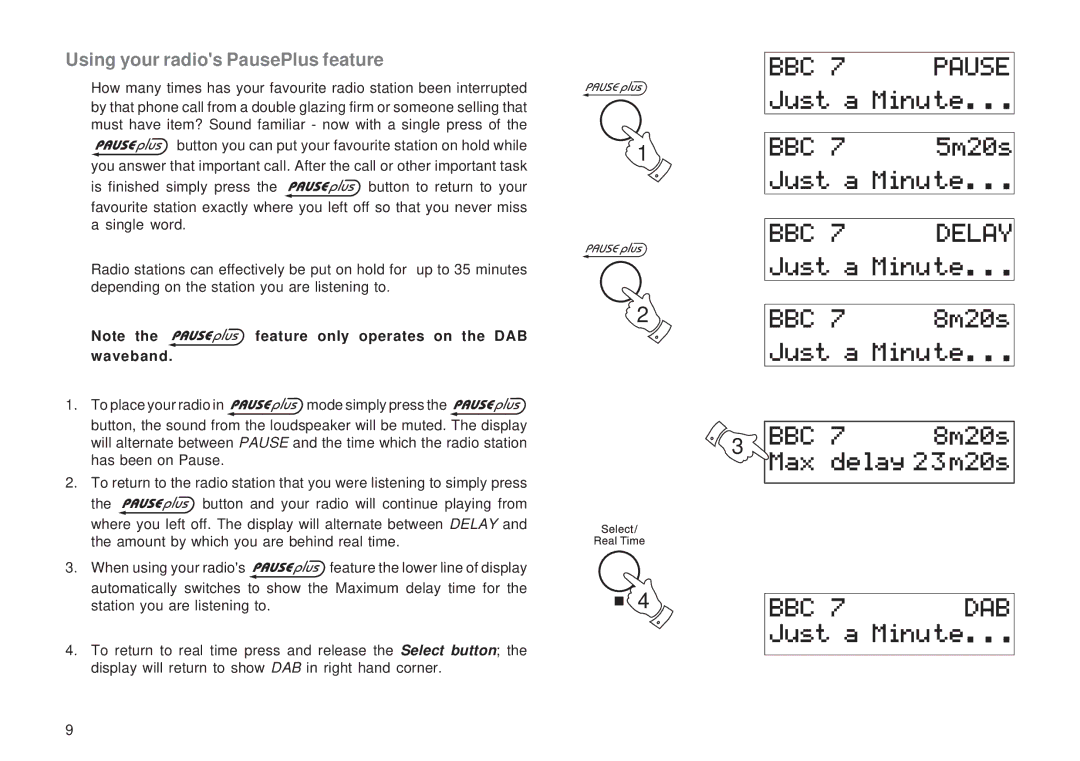 Roberts Radio RD-11 manual Using your radios PausePlus feature 