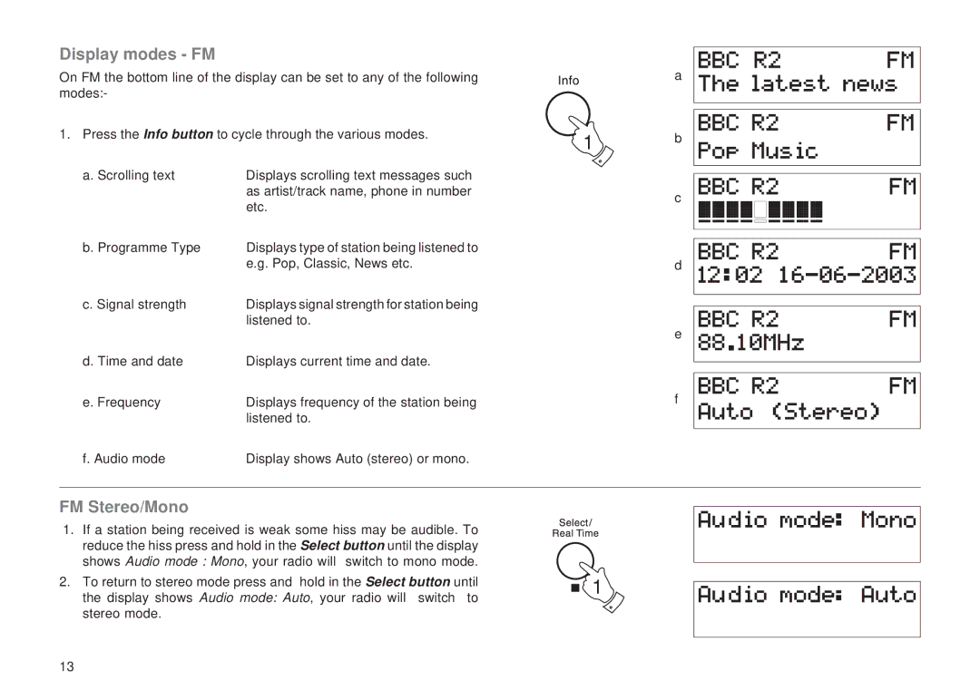 Roberts Radio RD-11 manual Display modes FM, FM Stereo/Mono 