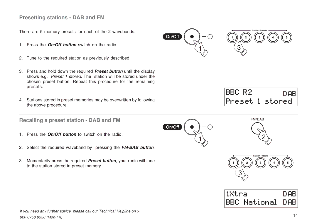 Roberts Radio RD-11 manual Presetting stations DAB and FM, Recalling a preset station DAB and FM 