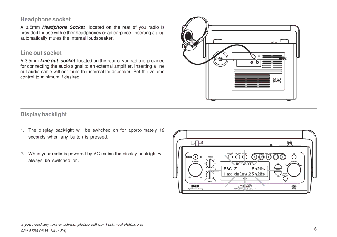 Roberts Radio RD-11 manual Headphone socket, Line out socket, Display backlight 