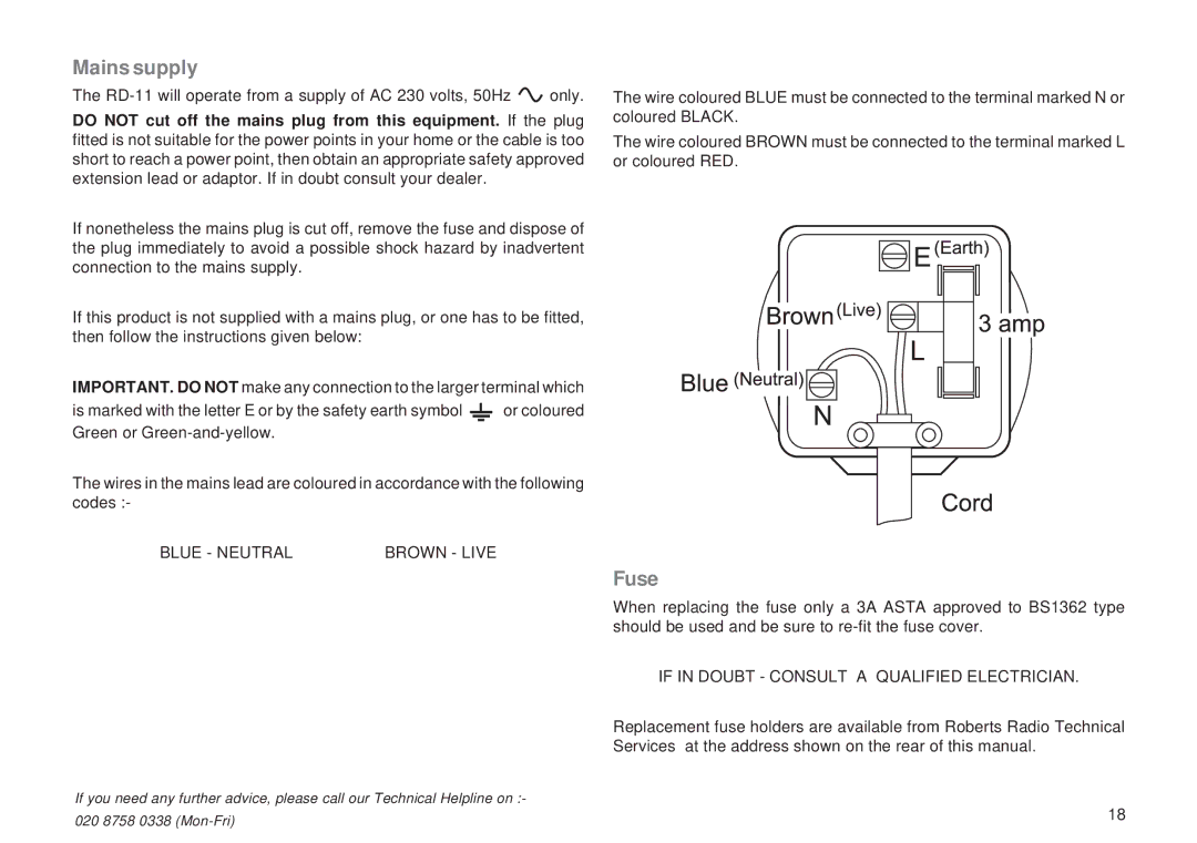 Roberts Radio RD-11 manual Mains supply, Fuse 