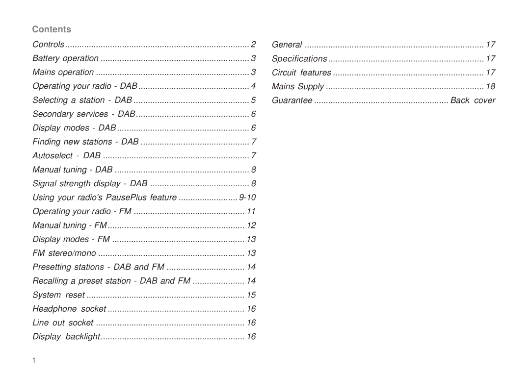 Roberts Radio RD-11 manual Contents 