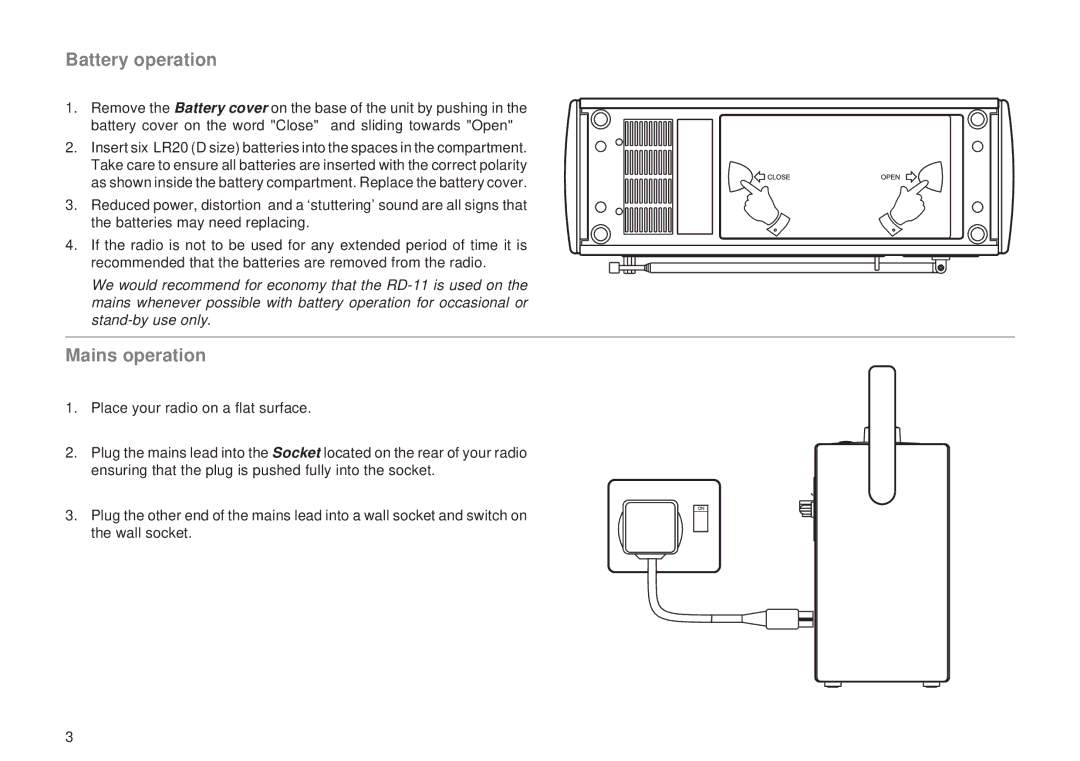 Roberts Radio RD-11 manual Battery operation, Mains operation 