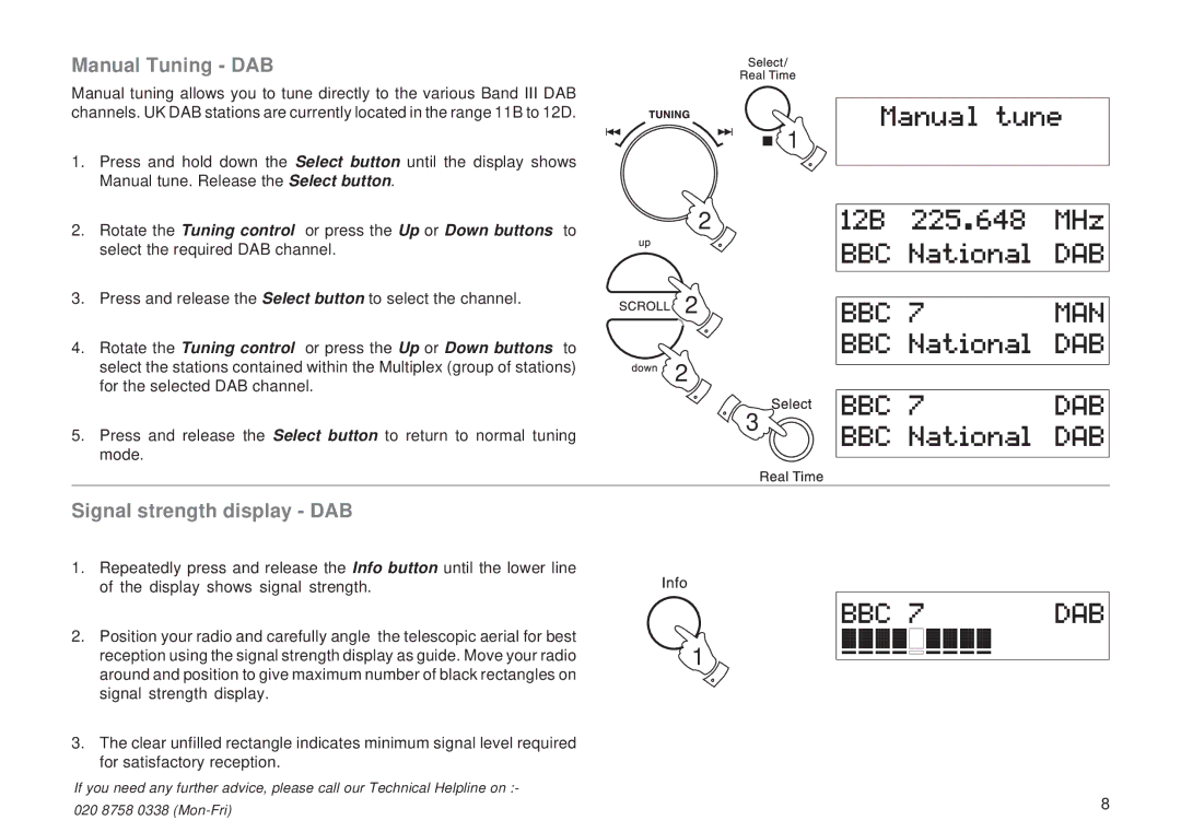 Roberts Radio RD-11 manual Manual Tuning DAB, Signal strength display DAB 