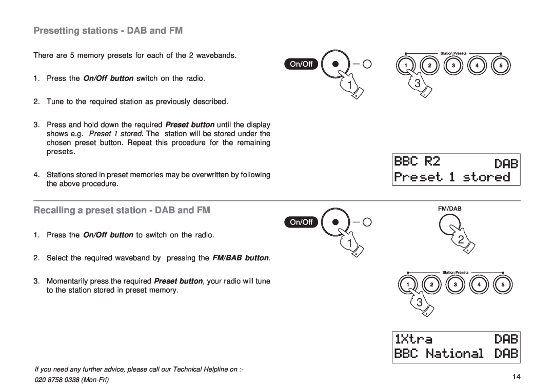 Roberts Radio RD-11 manual Presetting stations - DAB and FM, Recalling a preset station - DAB and FM 