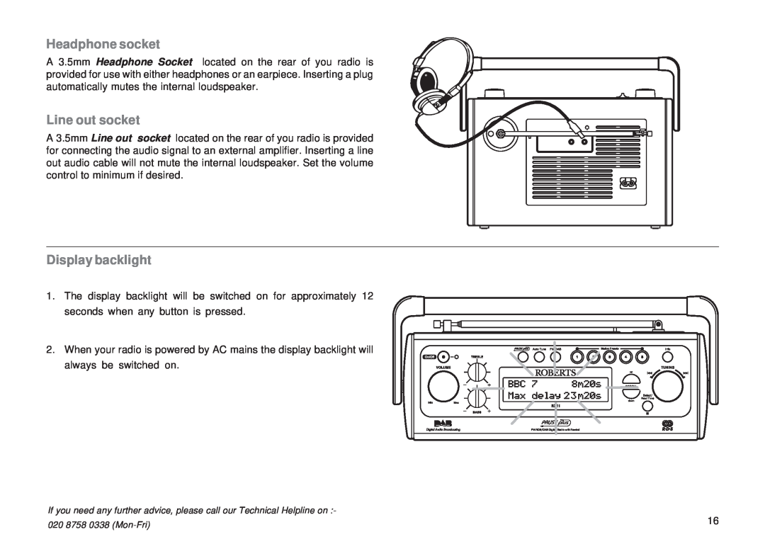 Roberts Radio RD-11 manual Headphone socket, Line out socket, Display backlight 