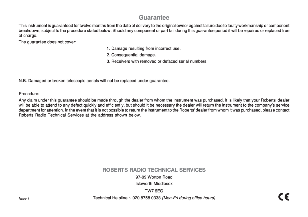Roberts Radio RD-11 manual Roberts Radio Technical Services, Guarantee 