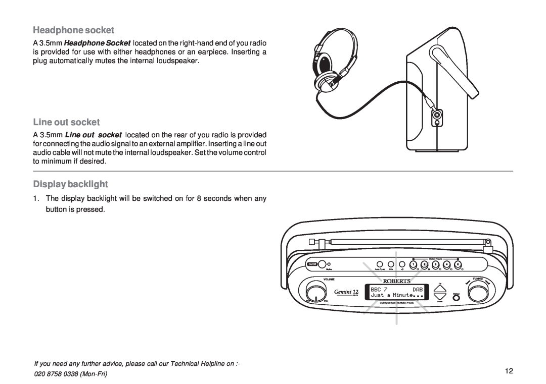 Roberts Radio RD-12 manual Headphone socket, Line out socket, Display backlight 