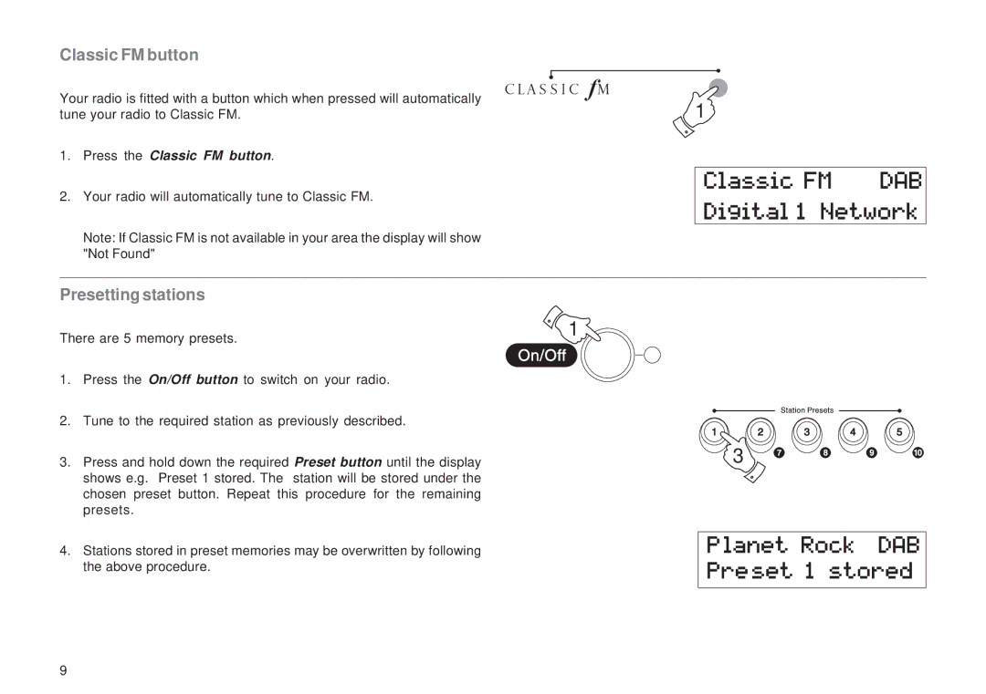 Roberts Radio RD-12CFM manual Classic FM button, Presetting stations 