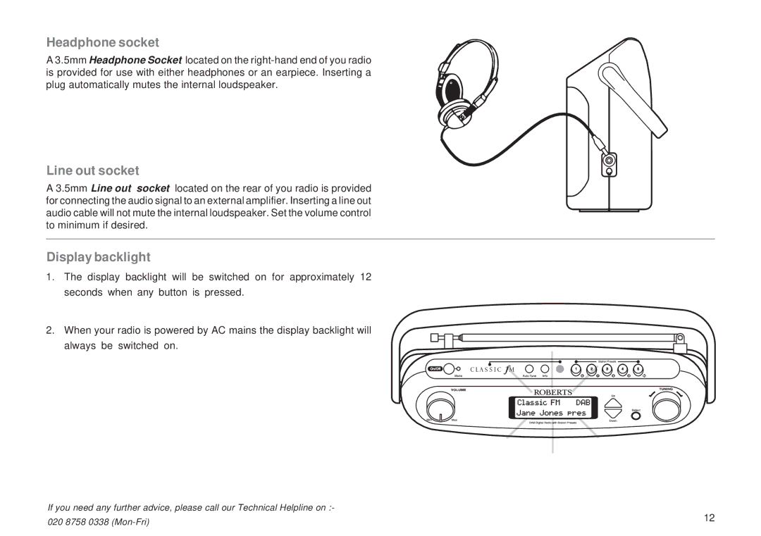 Roberts Radio RD-12CFM manual Headphone socket, Line out socket, Display backlight 