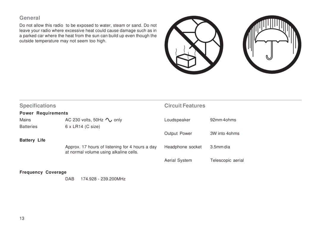 Roberts Radio RD-12CFM manual General, Specifications Circuit Features 