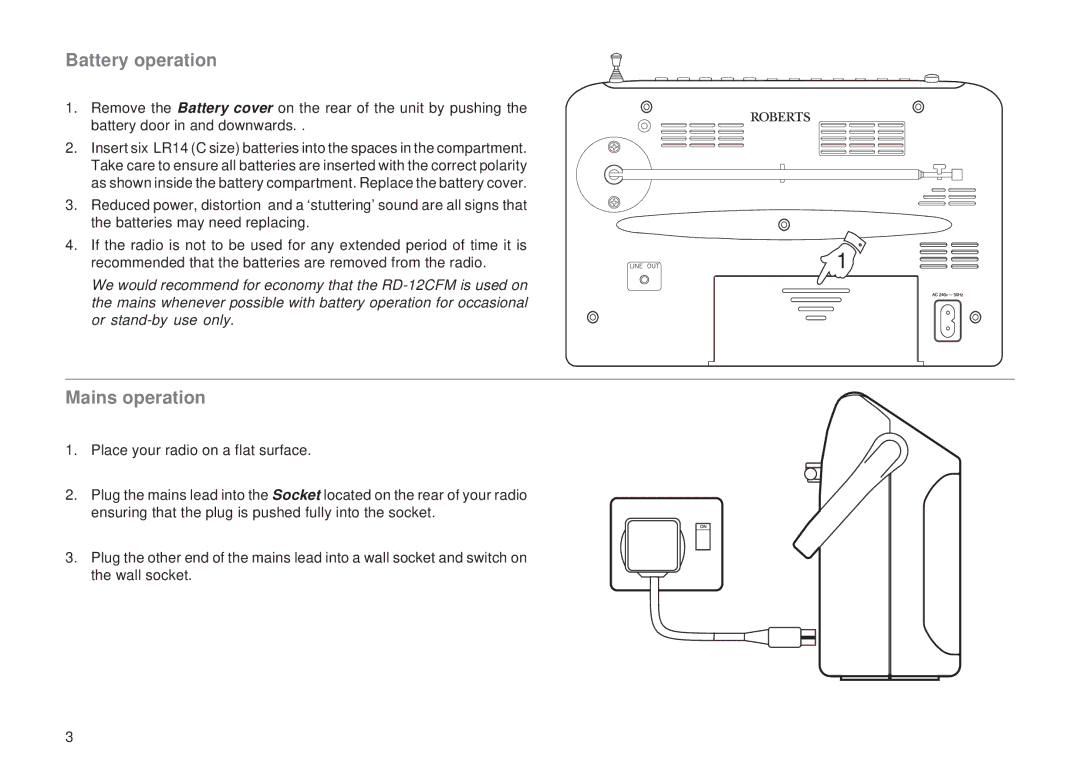 Roberts Radio RD-12CFM manual Battery operation, Mains operation 