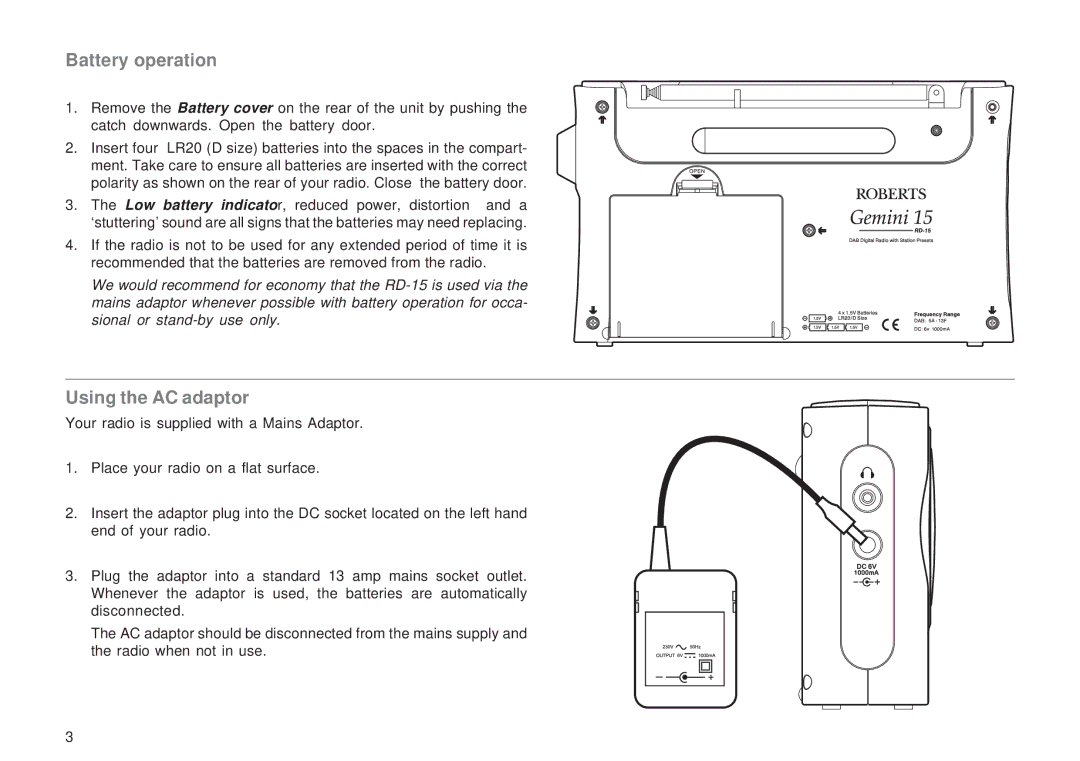 Roberts Radio RD-15 manual Battery operation, Using the AC adaptor 