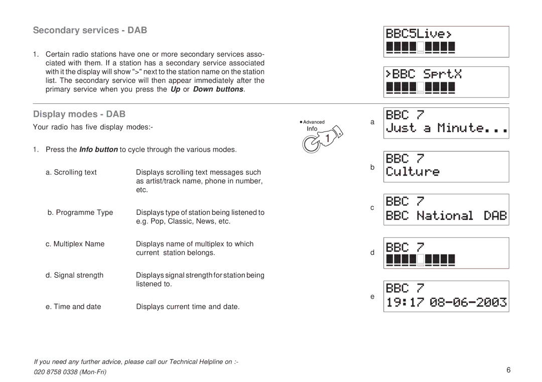Roberts Radio RD-15 manual Secondary services DAB, Display modes DAB 