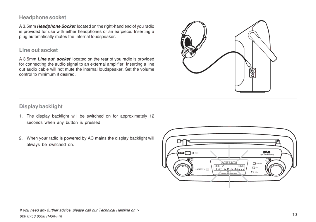 Roberts Radio RD-18 manual Headphone socket, Line out socket, Display backlight 