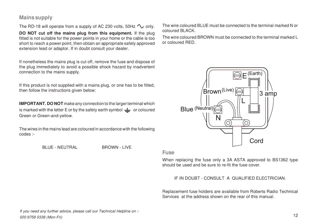 Roberts Radio RD-18 manual Mains supply, Fuse 