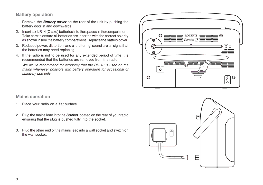 Roberts Radio RD-18 manual Battery operation, Mains operation 