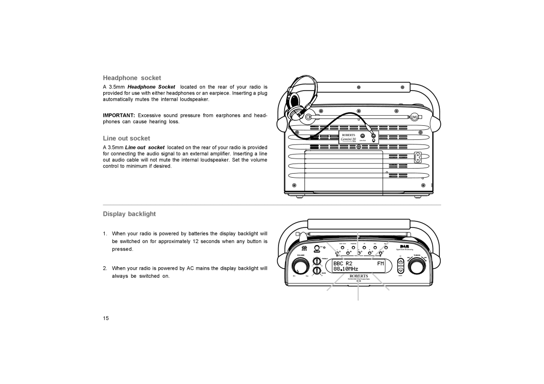 Roberts Radio RD-20 manual Headphone socket, Line out socket, Display backlight 