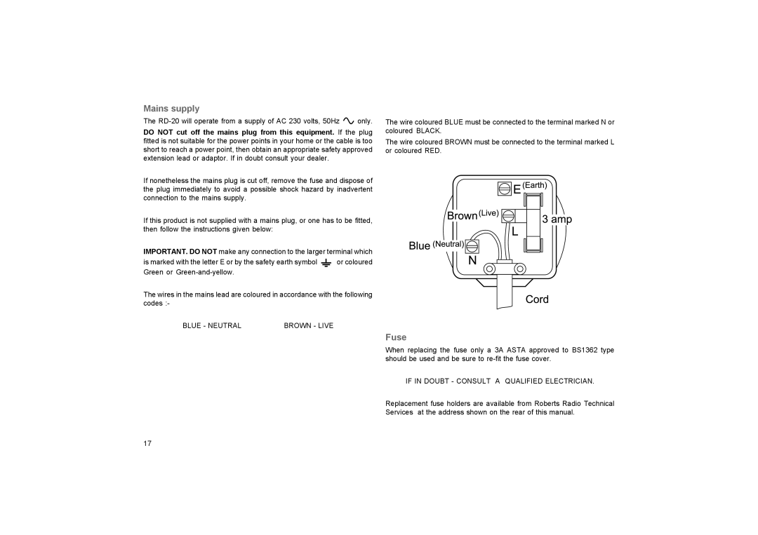 Roberts Radio RD-20 manual Mains supply, Fuse 