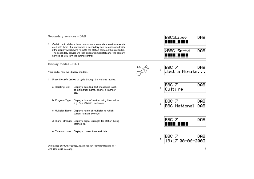 Roberts Radio RD-20 manual Secondary services DAB, Display modes DAB 