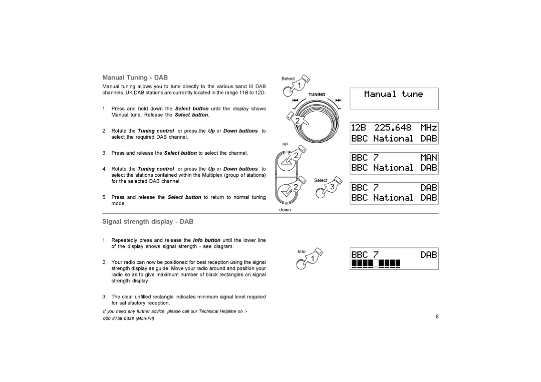 Roberts Radio RD-20 manual Manual Tuning DAB, Signal strength display DAB 