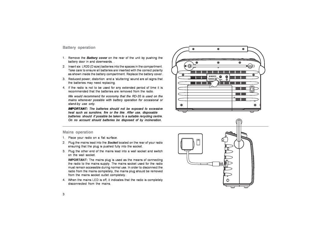 Roberts Radio RD-20 manual Battery operation, Mains operation 
