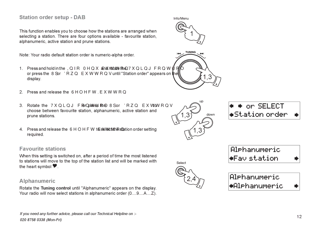 Roberts Radio RD-21 manual Station order setup DAB, Favourite stations, Alphanumeric 