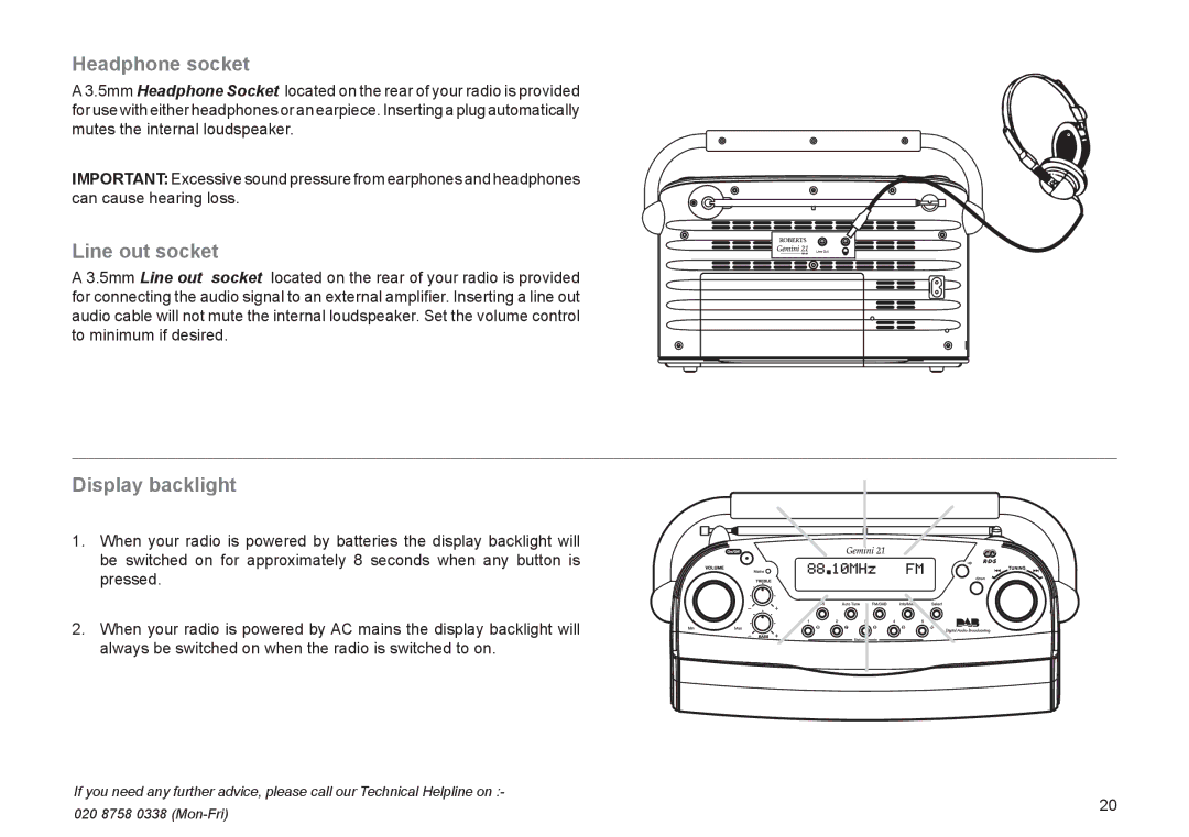 Roberts Radio RD-21 manual Headphone socket, Line out socket, Display backlight 