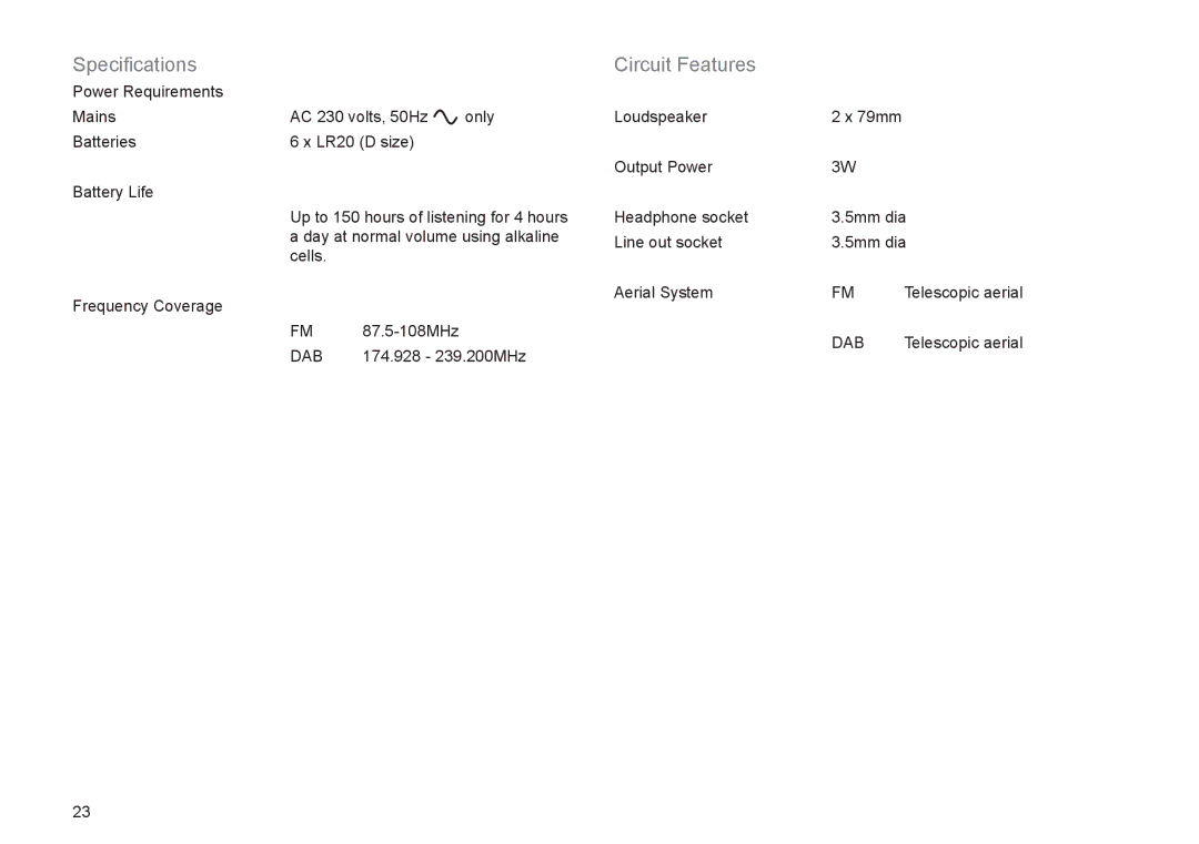 Roberts Radio RD-21 manual Speciﬁcations, Circuit Features 