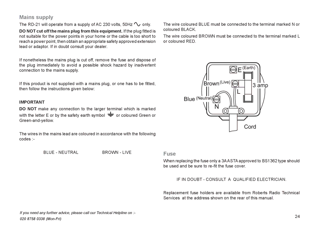 Roberts Radio RD-21 manual Mains supply, Fuse 