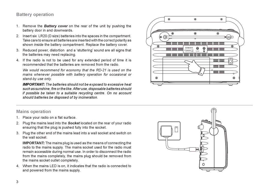 Roberts Radio RD-21 manual Battery operation, Mains operation 