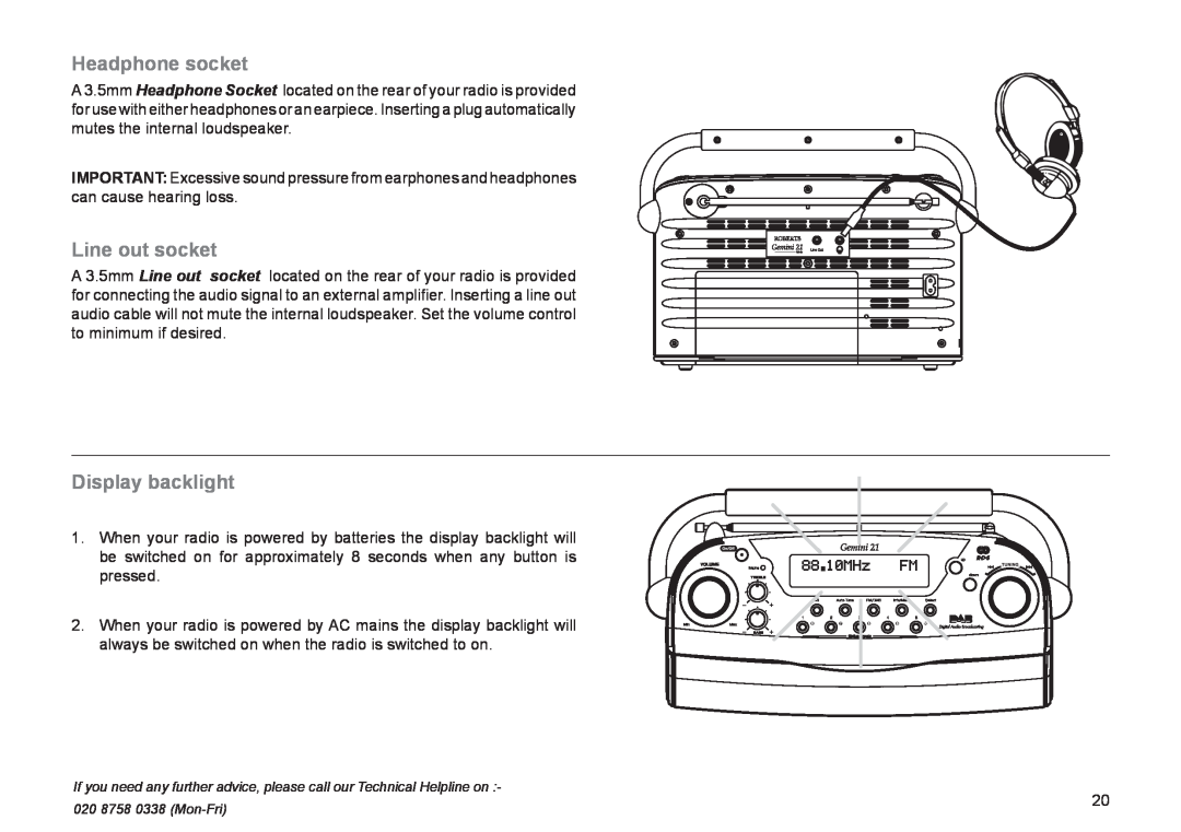 Roberts Radio RD-21 manual Headphone socket, Line out socket, Display backlight 