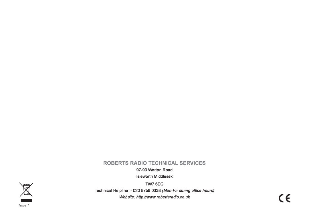 Roberts Radio RD-21 manual Roberts Radio Technical Services, 97-99Worton Road Isleworth Middlesex TW7 6EG, Issue 
