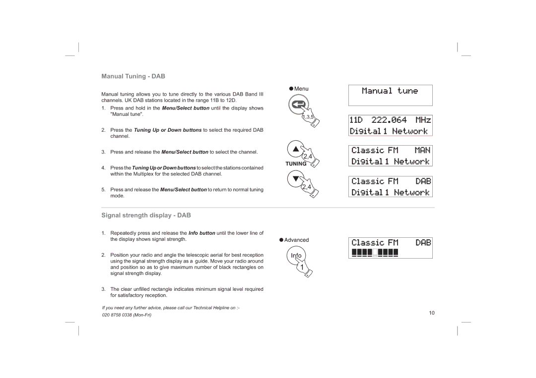 Roberts Radio RD-22 manual Manual Tuning DAB, Signal strength display DAB 