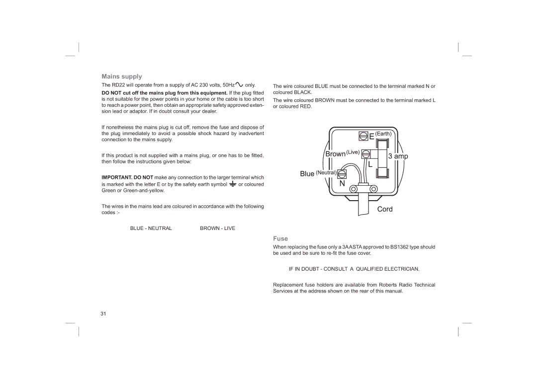 Roberts Radio RD-22 manual Mains supply, Fuse 