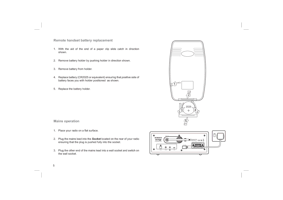 Roberts Radio RD-22 manual Remote handset battery replacement, Mains operation 