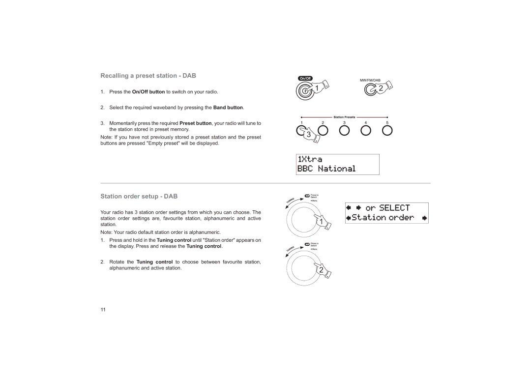 Roberts Radio RD-25 manual Recalling a preset station DAB, Station order setup DAB 