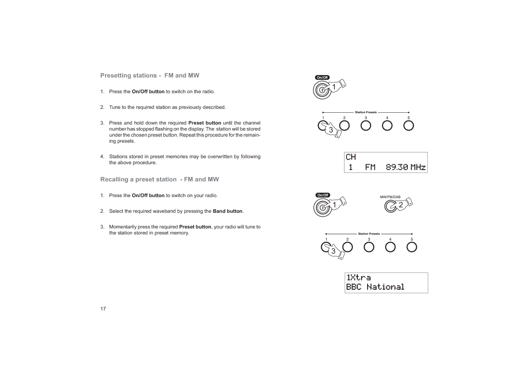 Roberts Radio RD-25 manual Presetting stations FM and MW, Recalling a preset station FM and MW 