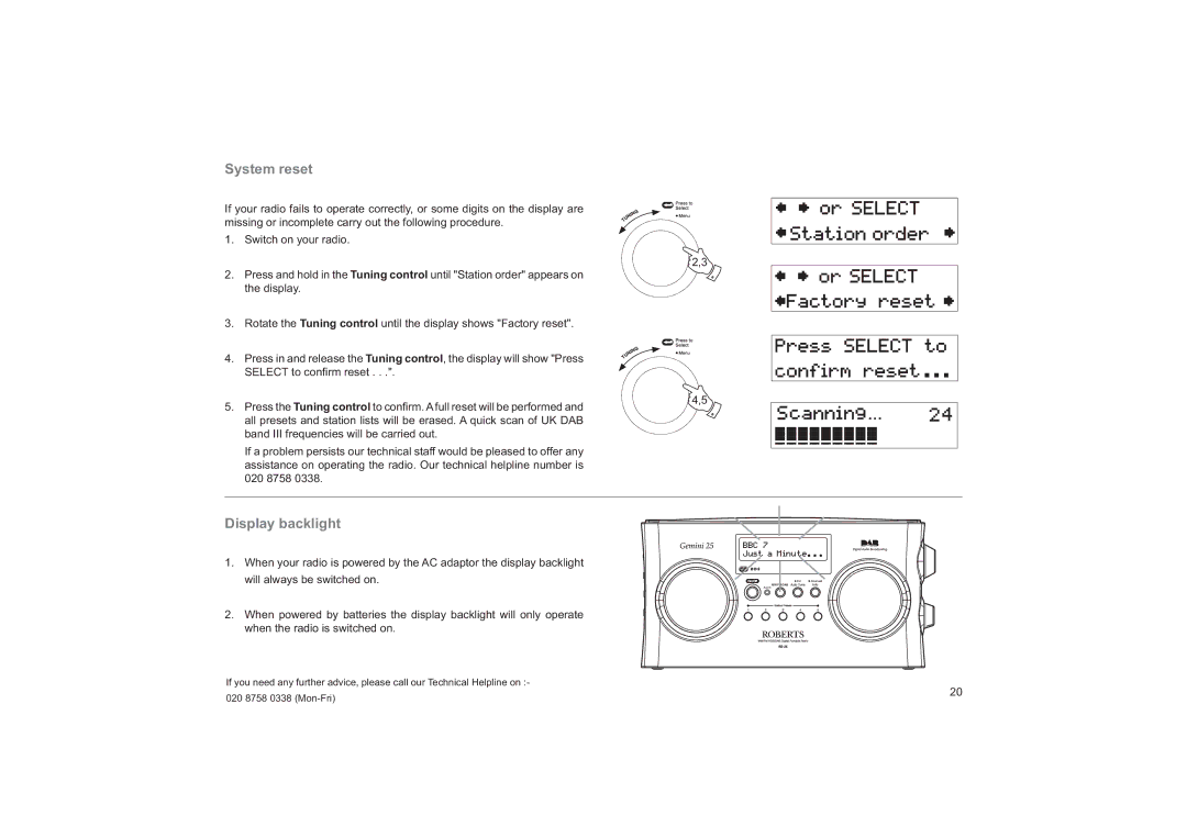 Roberts Radio RD-25 manual System reset, Display backlight 