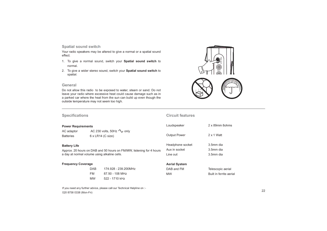 Roberts Radio RD-25 manual Spatial sound switch, General, Speciﬁcations Circuit features 